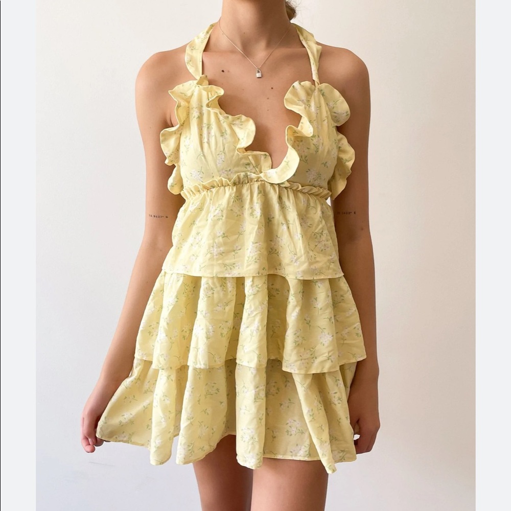 Alamour the Label yellow halter ruffle dress
